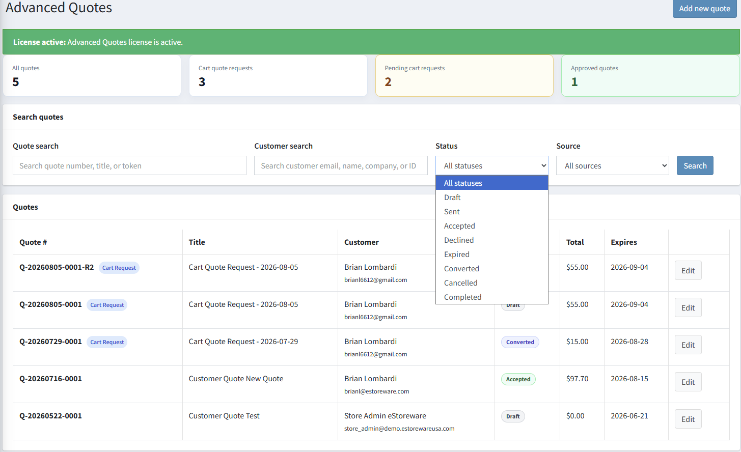Advanced Quotes administration dashboard with summary counts and quote filters