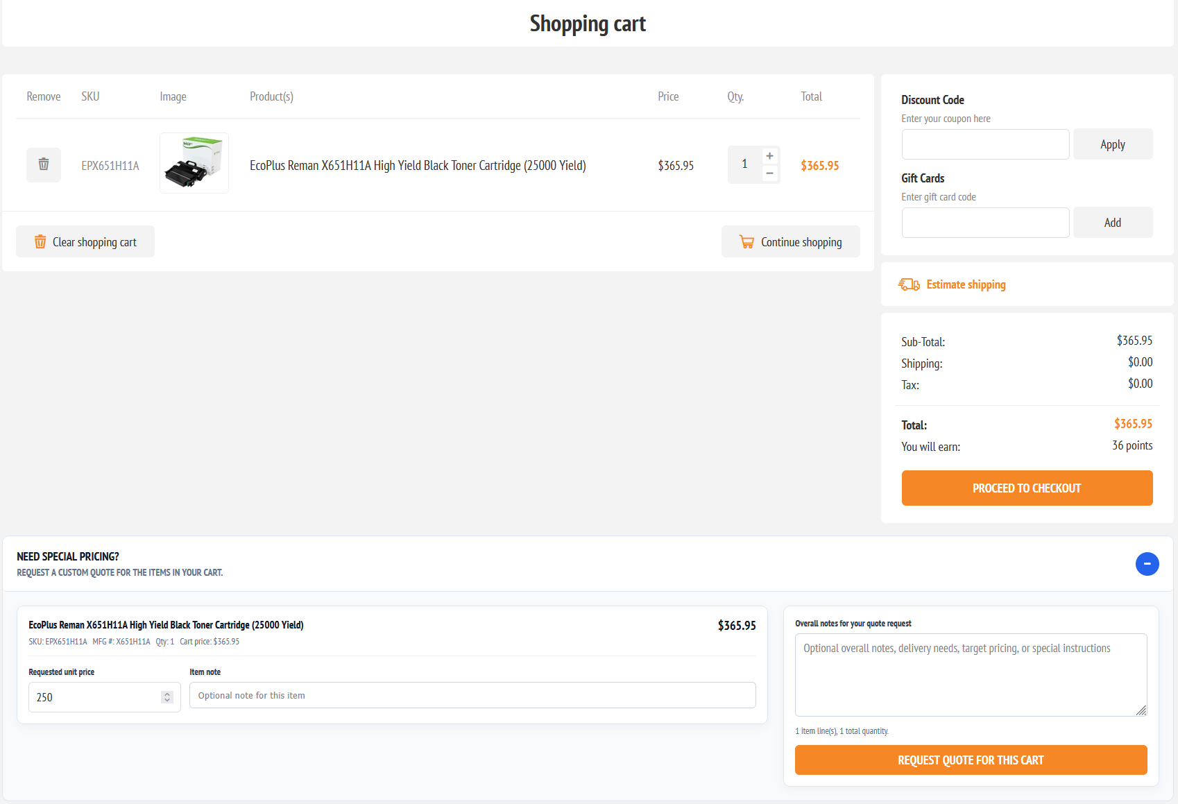 Shopping cart with the Advanced Quotes special-pricing request form