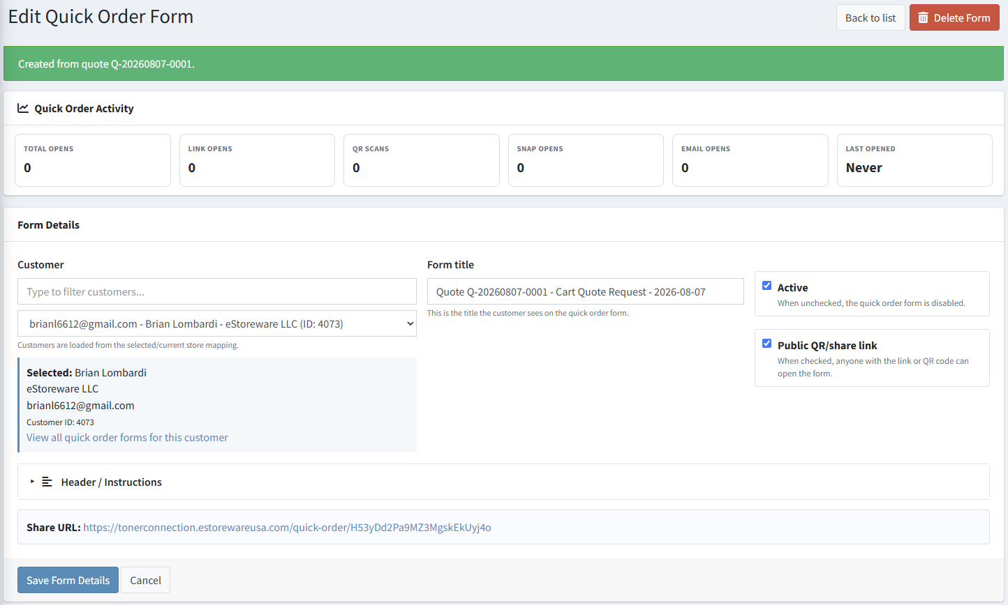 Quick Order Form created directly from an Advanced Quote