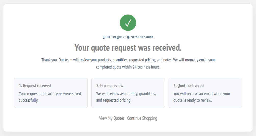 Quote request received confirmation with quote number and next steps