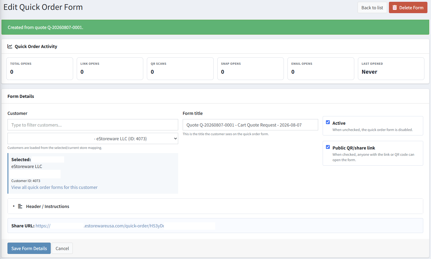 Quick Order Form created from an Advanced Quote