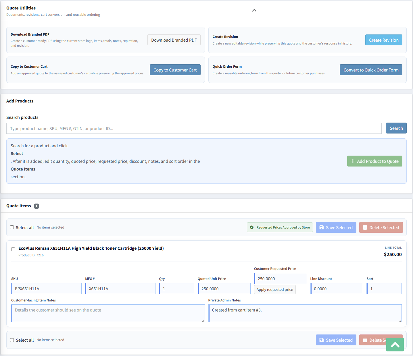 Advanced Quote with requested-price approval and quote utilities