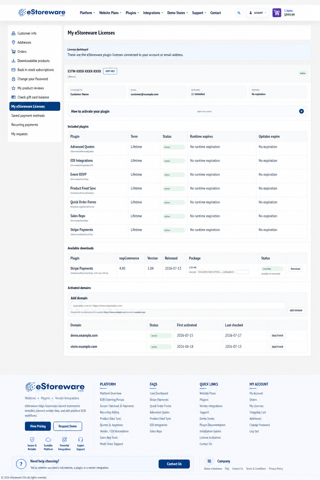 My eStoreware Licenses customer portal showing licenses, downloads, and activated domains