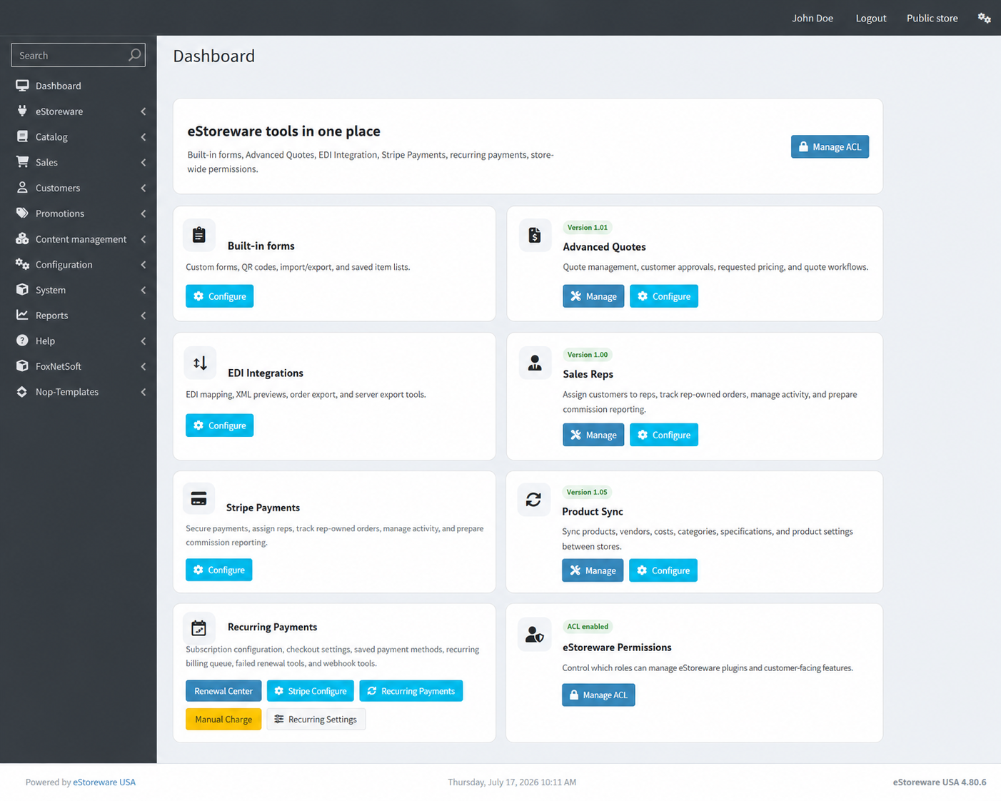 eStoreware Core dashboard showing installed eStoreware tools
