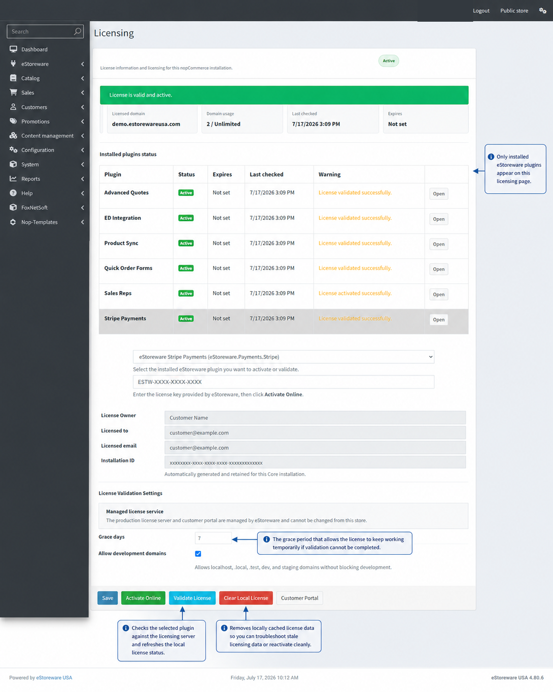 eStoreware plugin license controls with activation, validation, and local reset actions