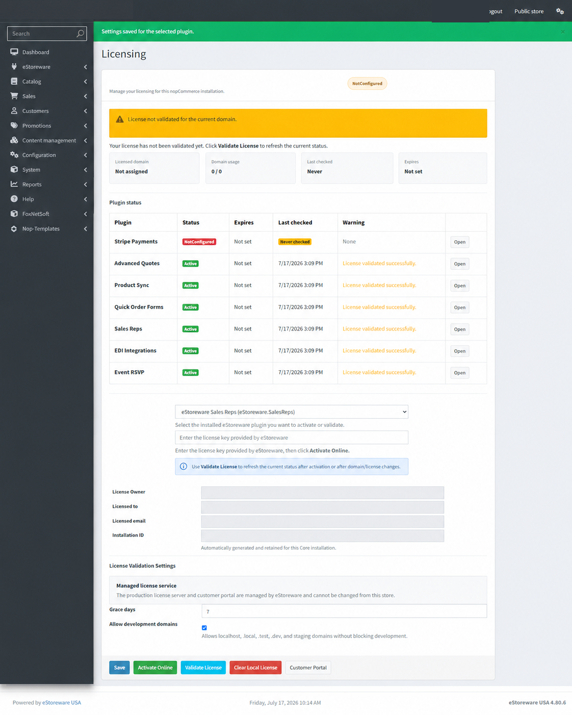 NotConfigured eStoreware plugin license before online activation