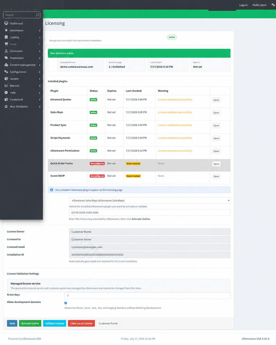 eStoreware licensing page showing installed plugin status