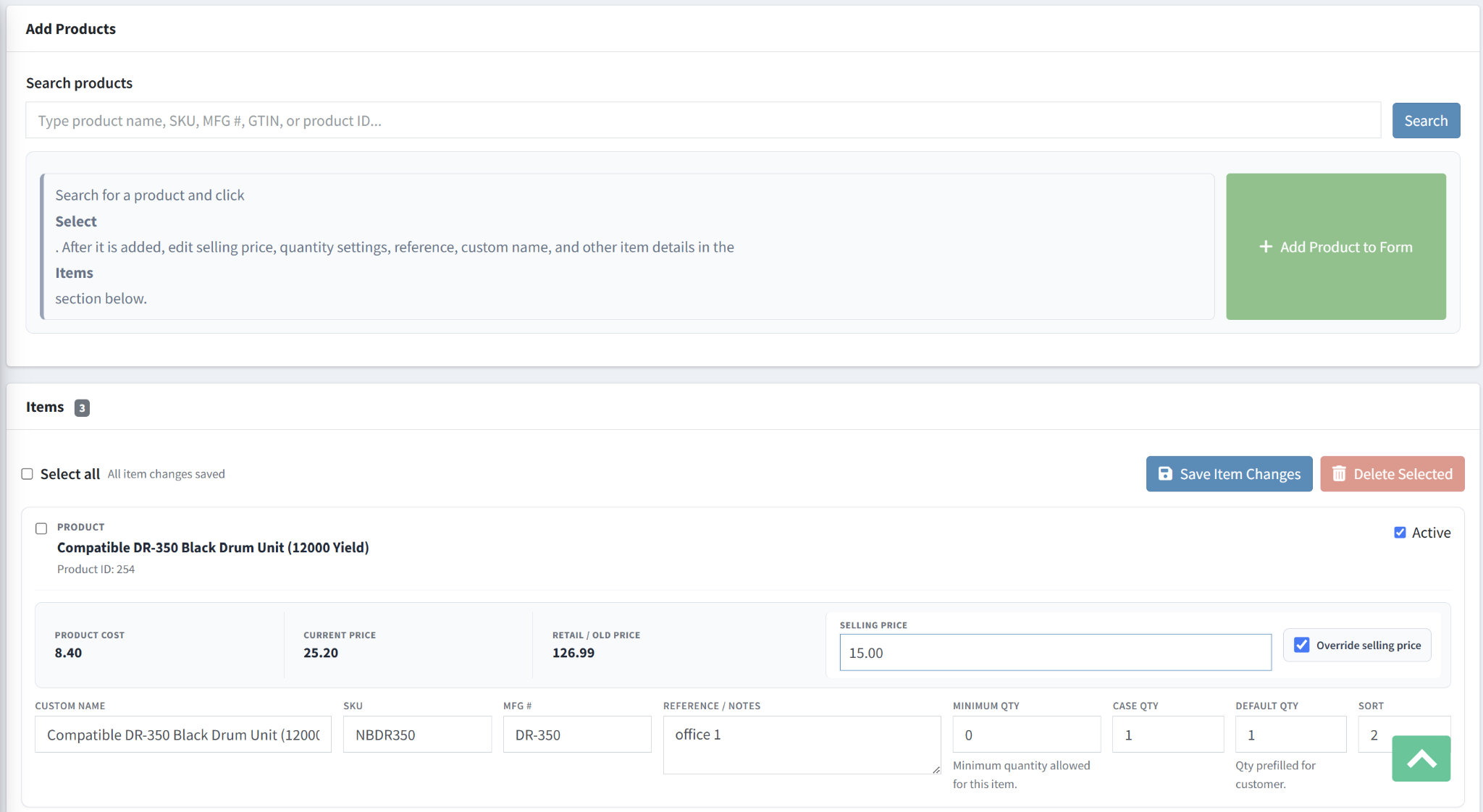 Admin Quick Order item editor with override price