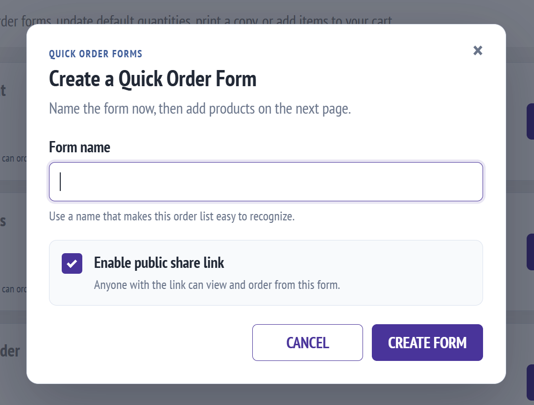 Create Quick Order Form popup