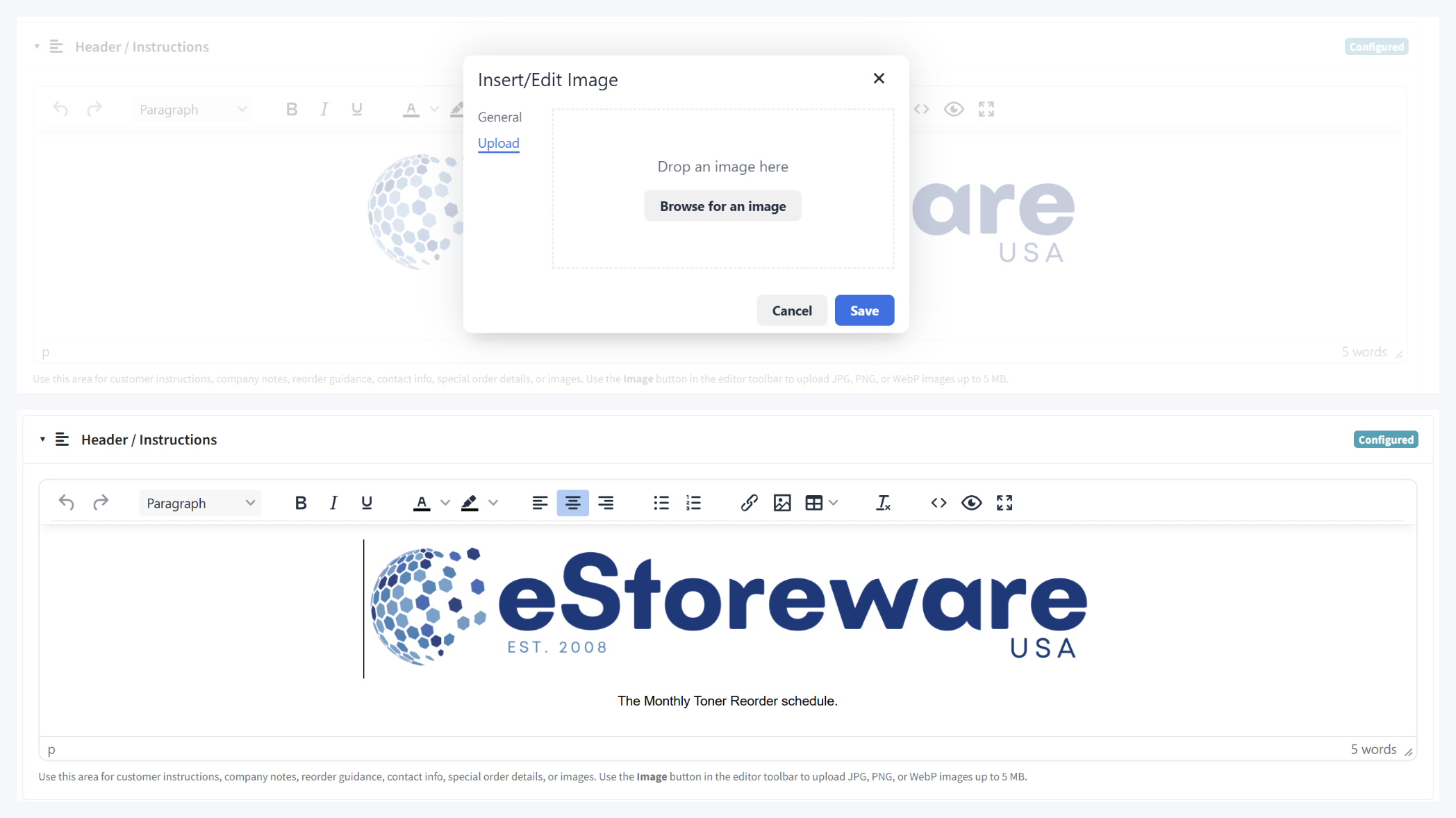 Header instruction editor and image upload workflow