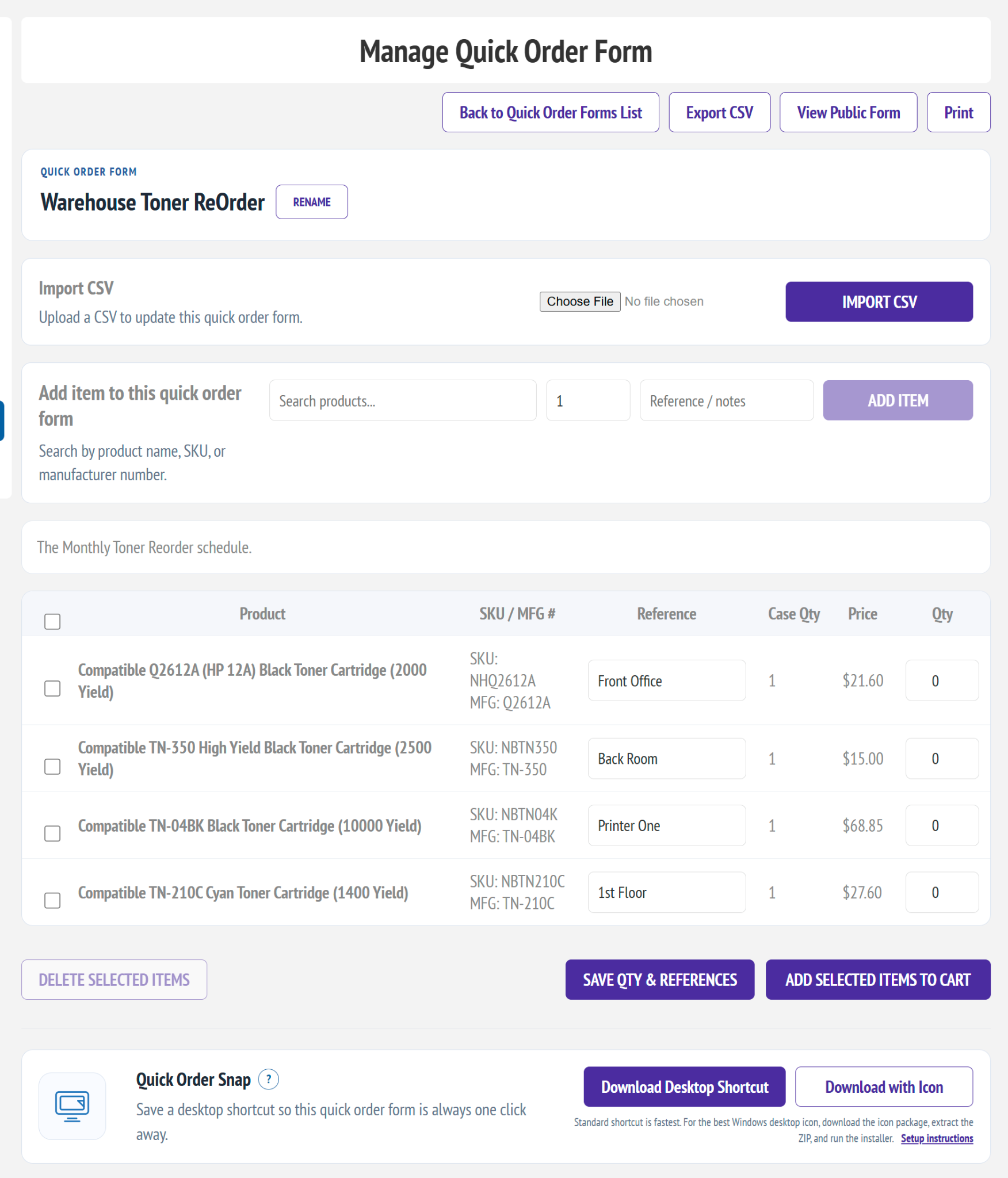 Customer managing a reusable Quick Order Form in nopCommerce