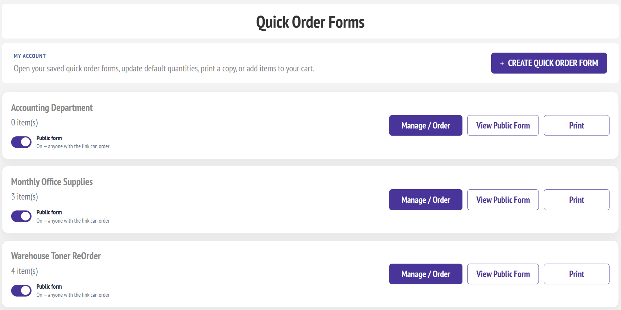 My Account Quick Order Forms list