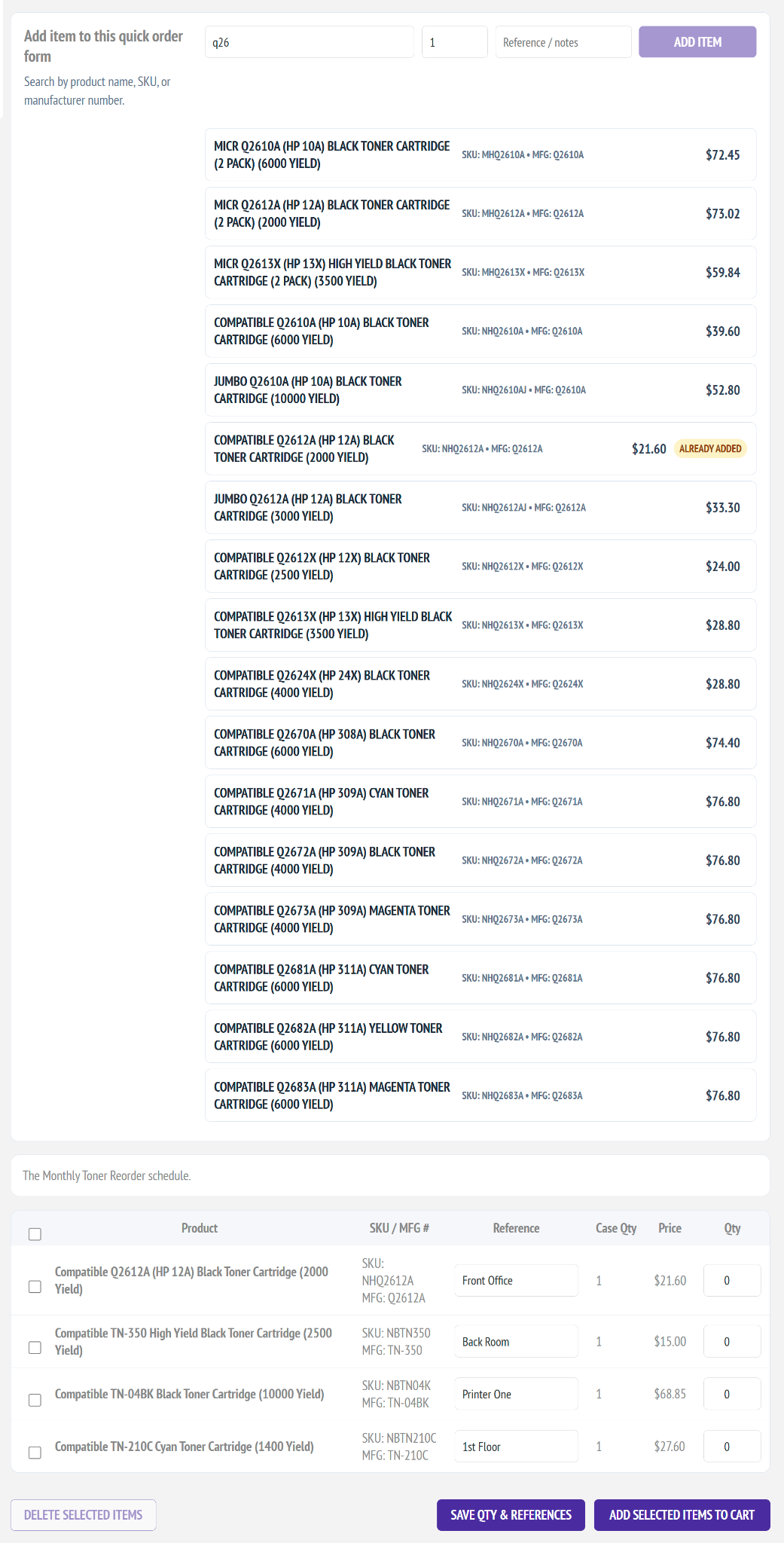 Searching and adding products to a quick order form