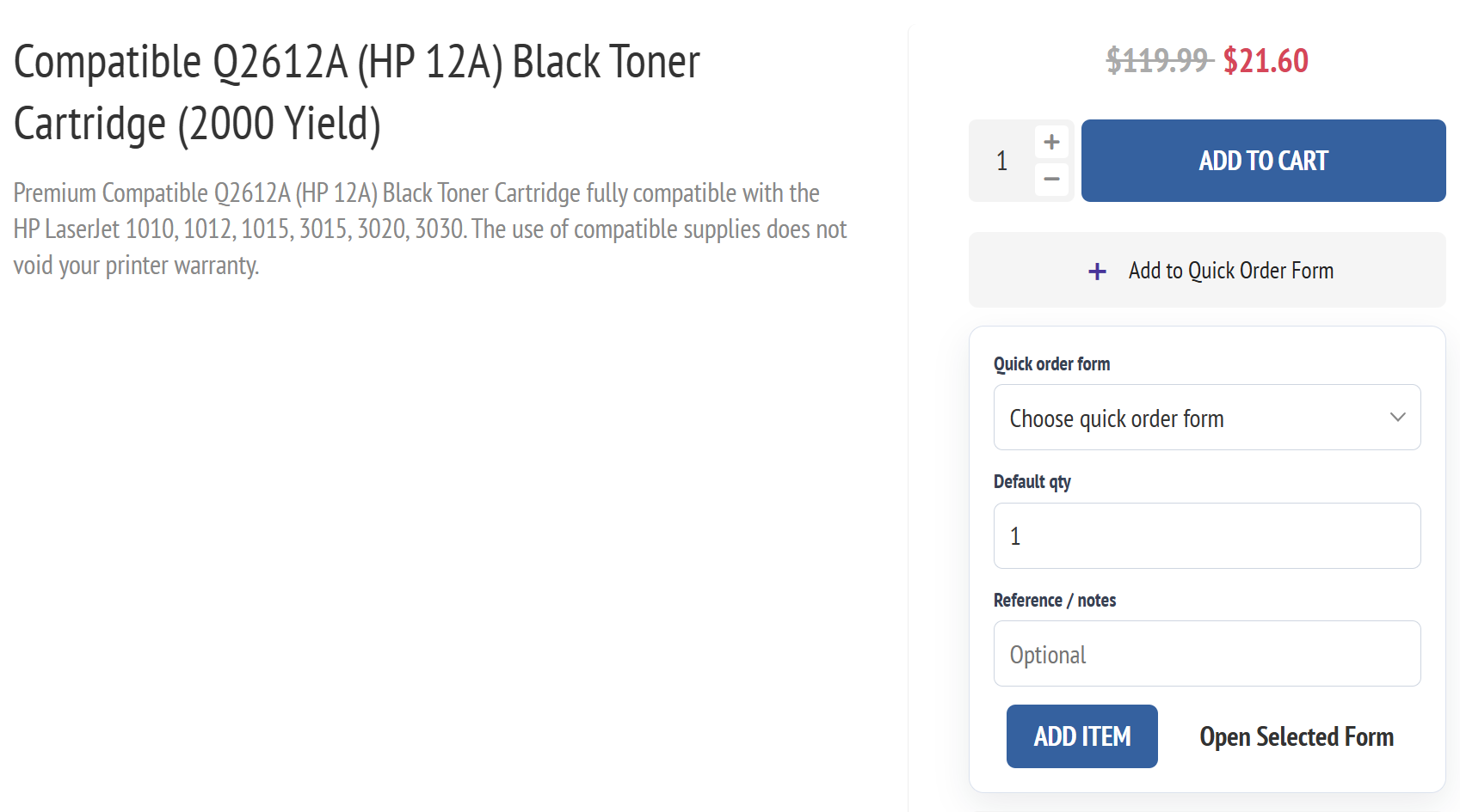 Add to Quick Order Form panel on a nopCommerce product page
