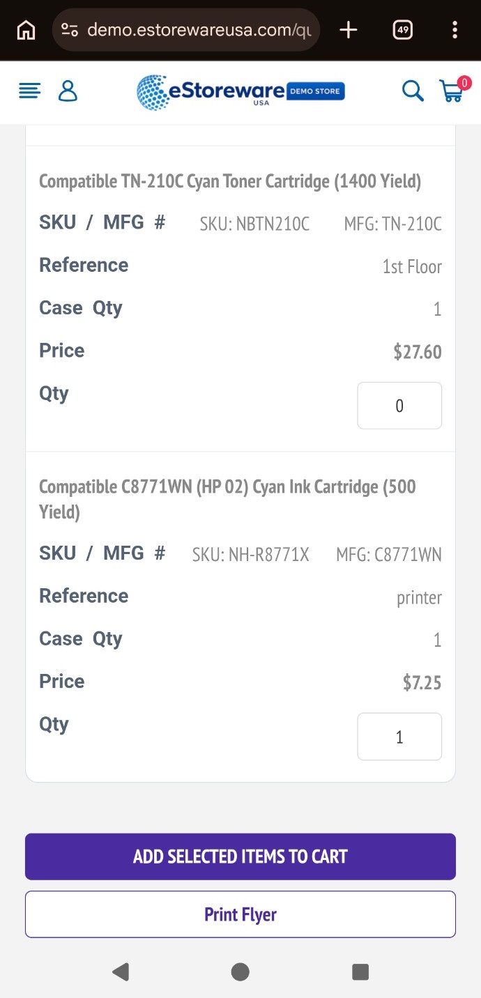 Quick Order Form displayed on a mobile phone