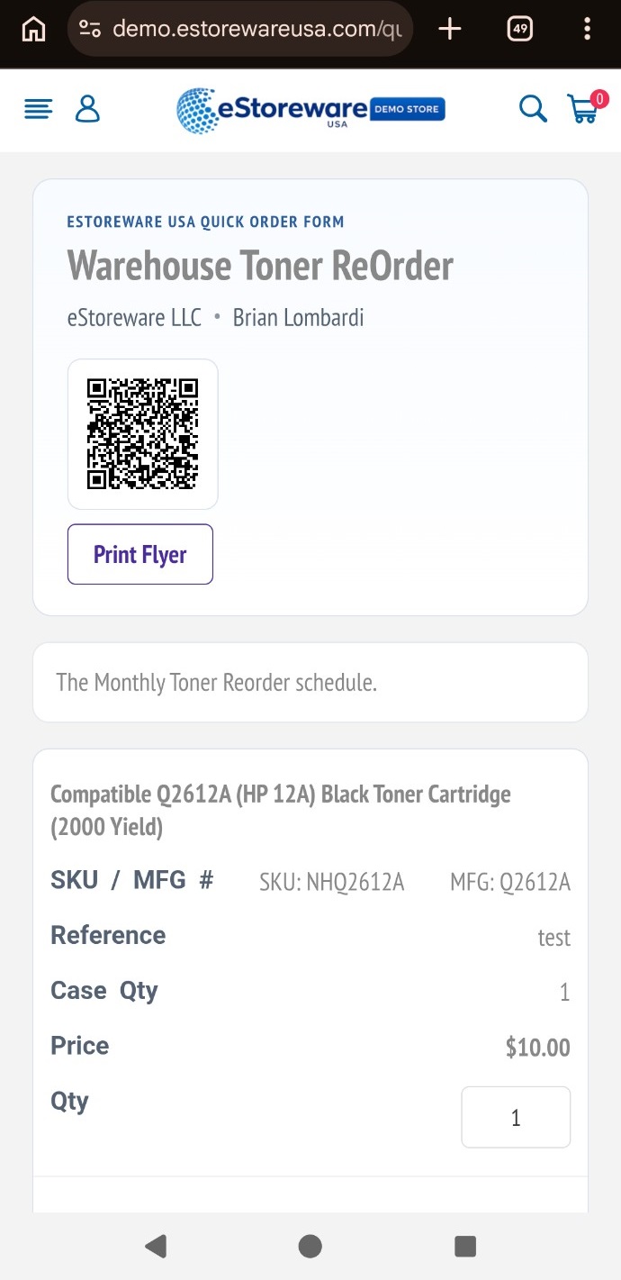 Mobile public quick order form opened from QR code