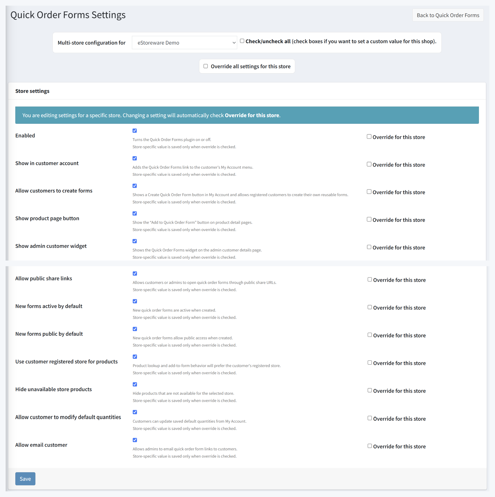 Quick Order Forms settings