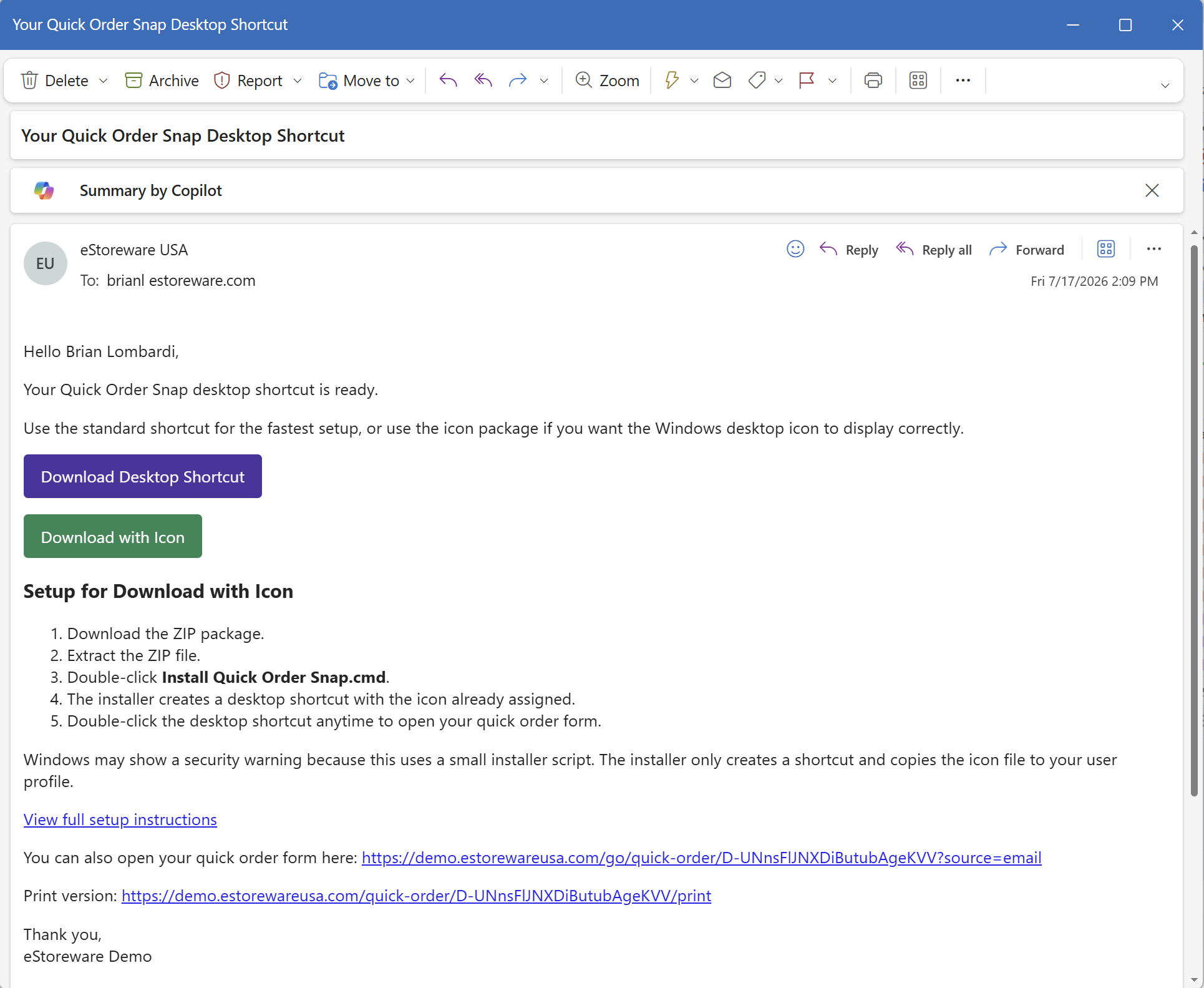 Quick Order Snap email to customer