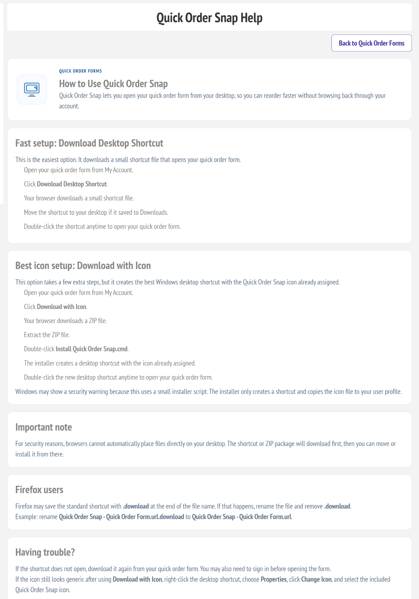 Quick Order Snap help page