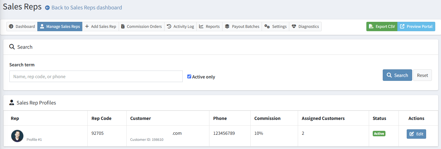 Admin Sales Reps list with profile photo and status