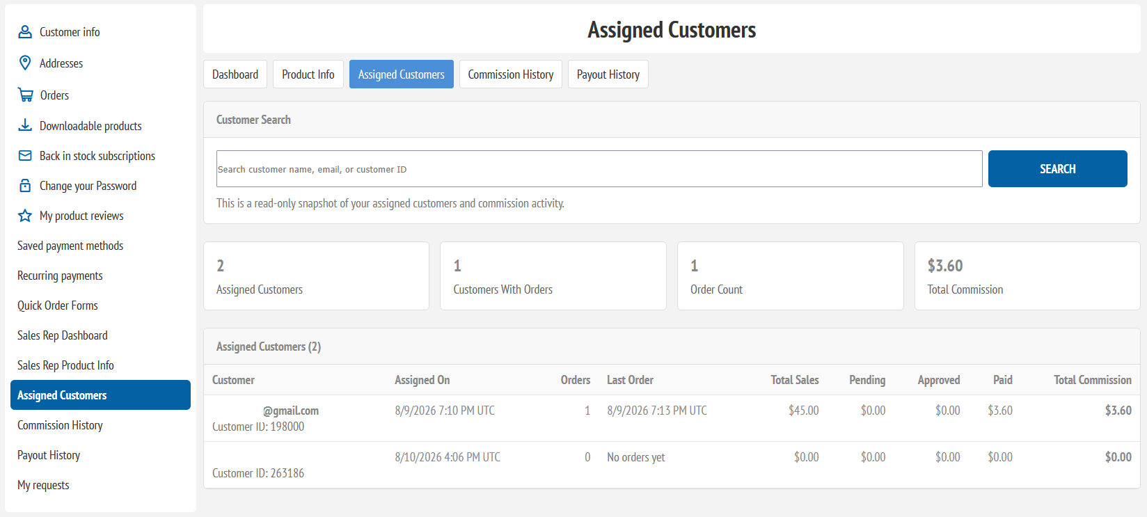 Sales rep assigned customer snapshot page