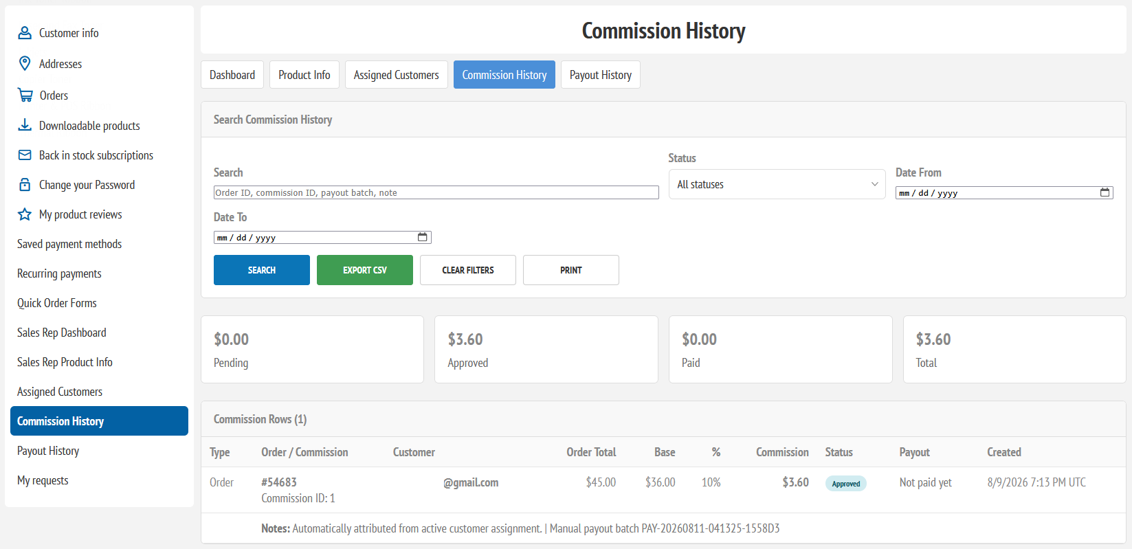 Sales rep commission history and commission status page