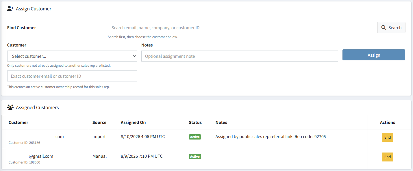 Admin customer assignment tools for a sales rep profile