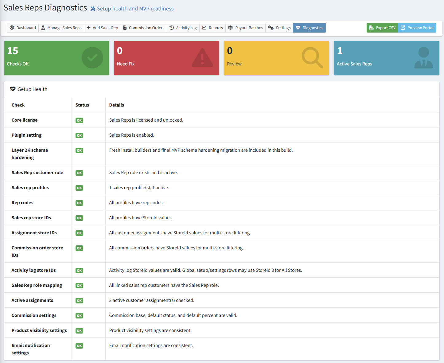 Sales Reps diagnostics and setup health page