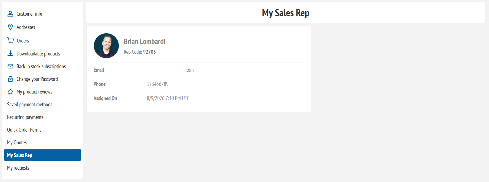 Customer My Sales Rep page