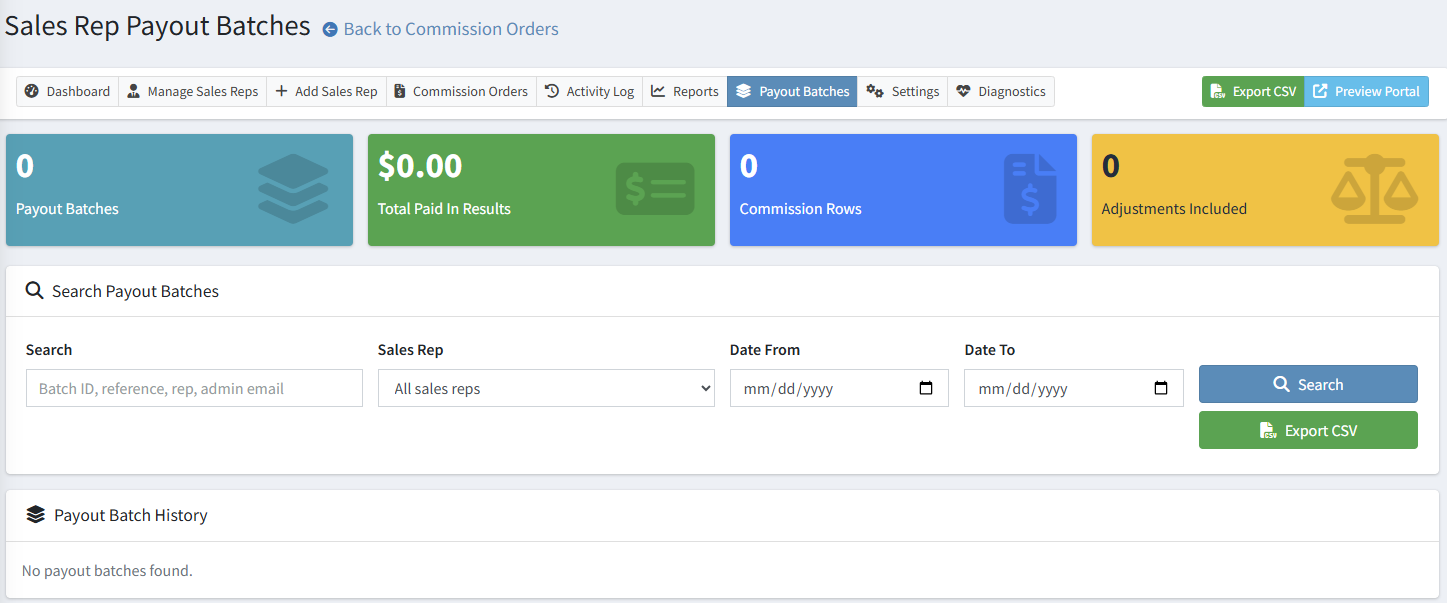 Sales rep payout batch history in admin