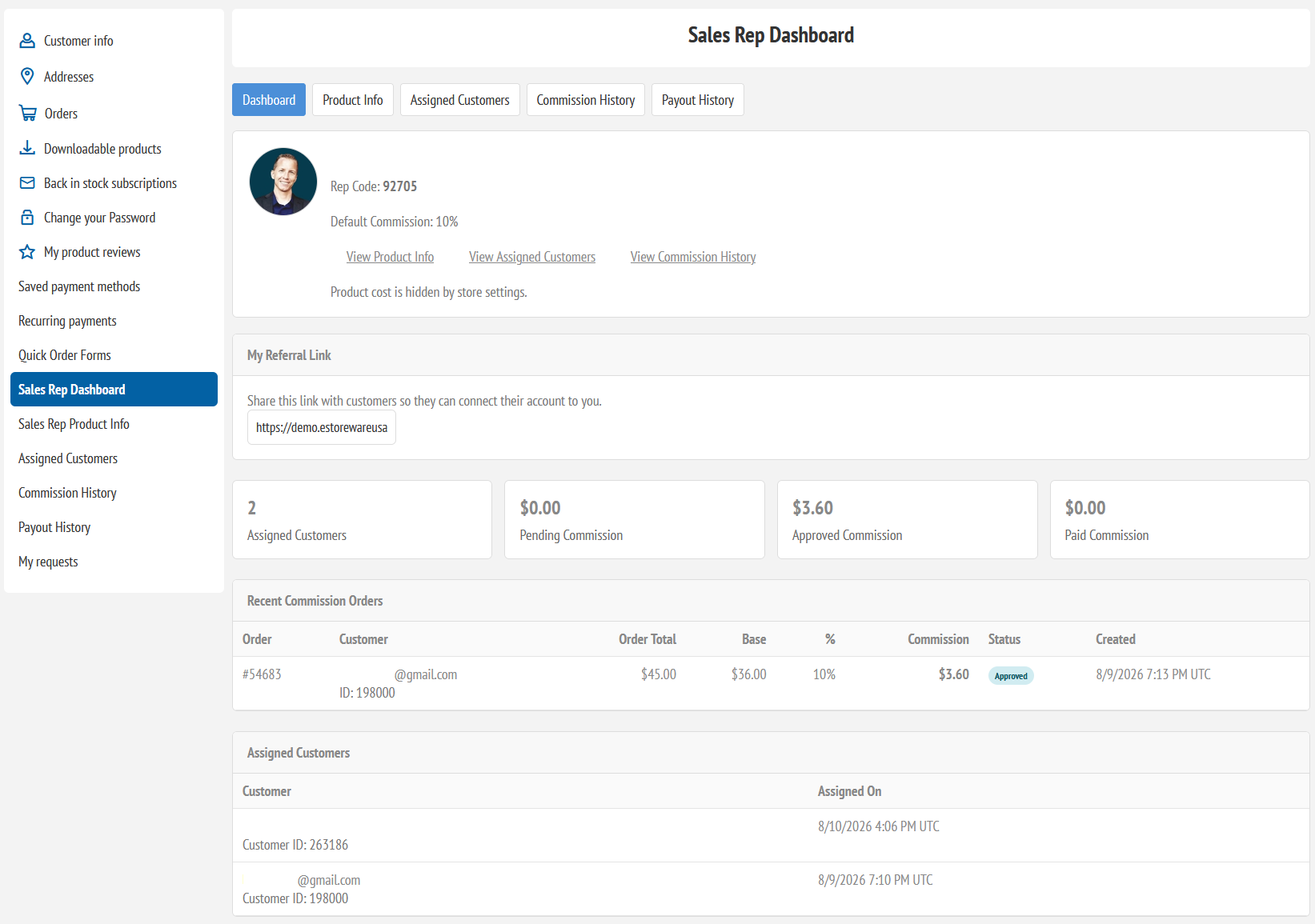 Sales rep dashboard showing assigned customers and commission summary
