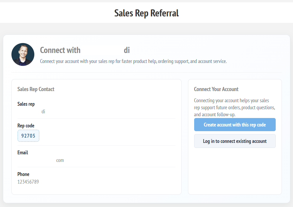 Public sales rep referral landing page