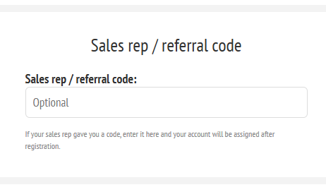 Sales rep referral code field on customer registration