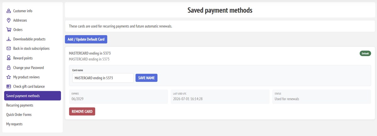 My Account saved payment methods