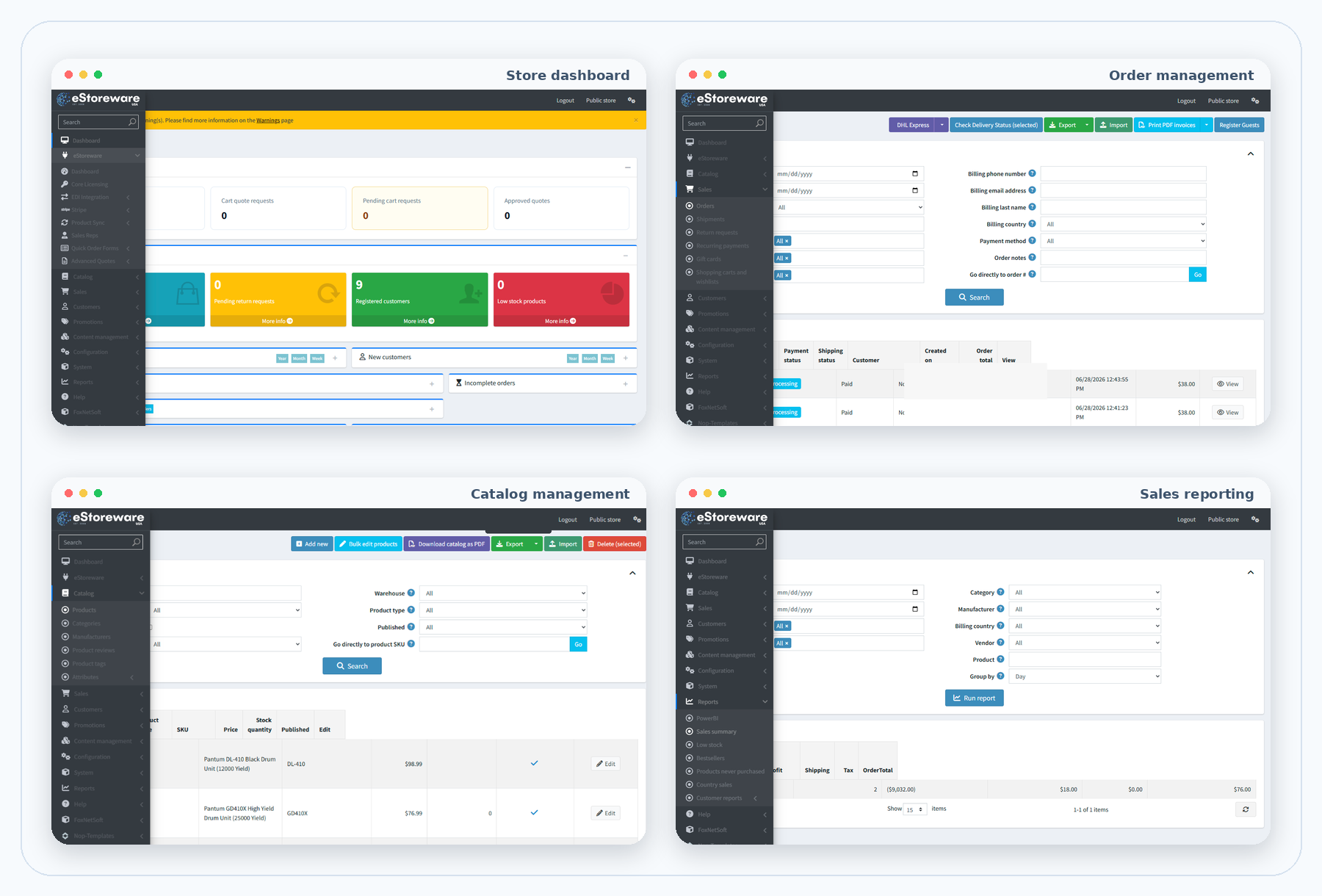 Dashboard, orders, products, and reporting