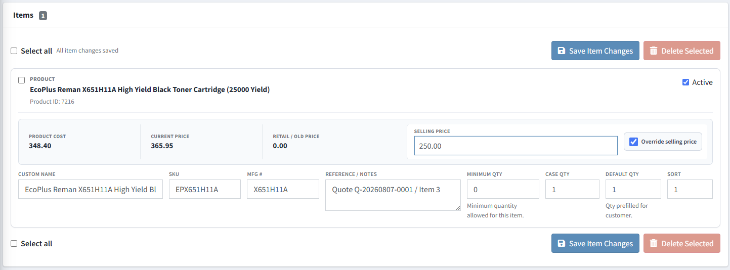 Quick Order Form items created from the quote