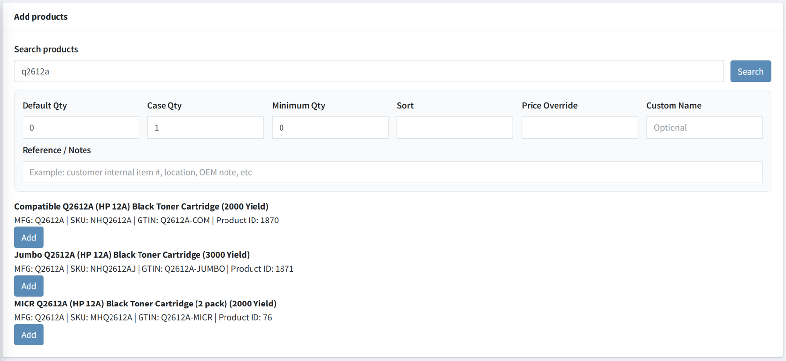 Add products to Quick Order Forms