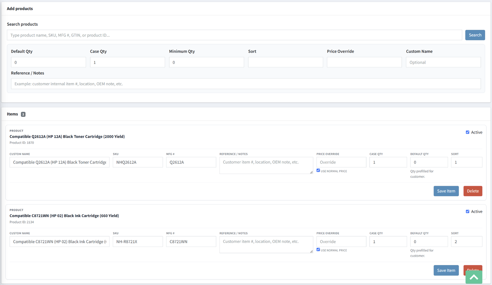 Quick Order Form item management