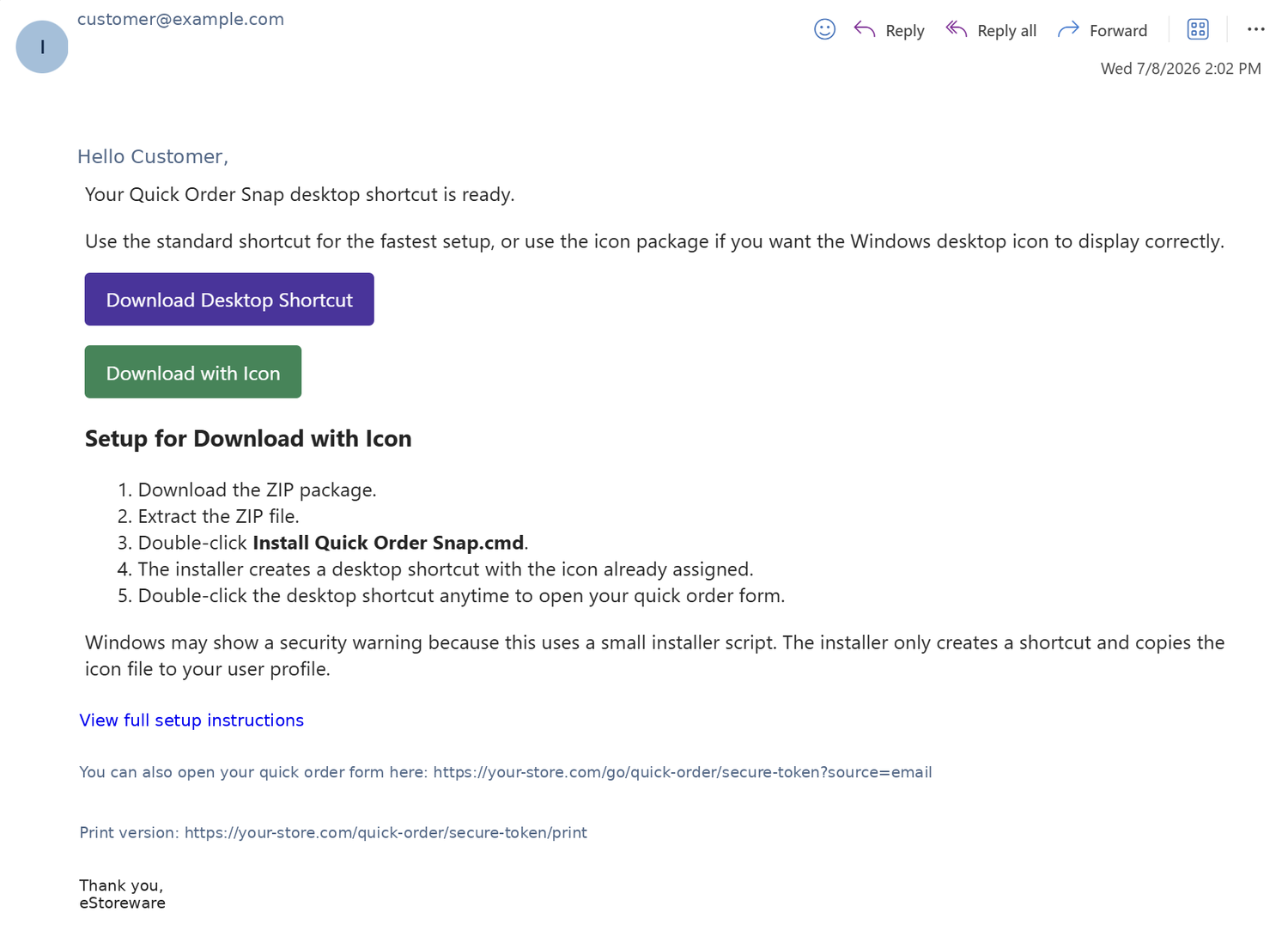 Quick Order Snap email setup