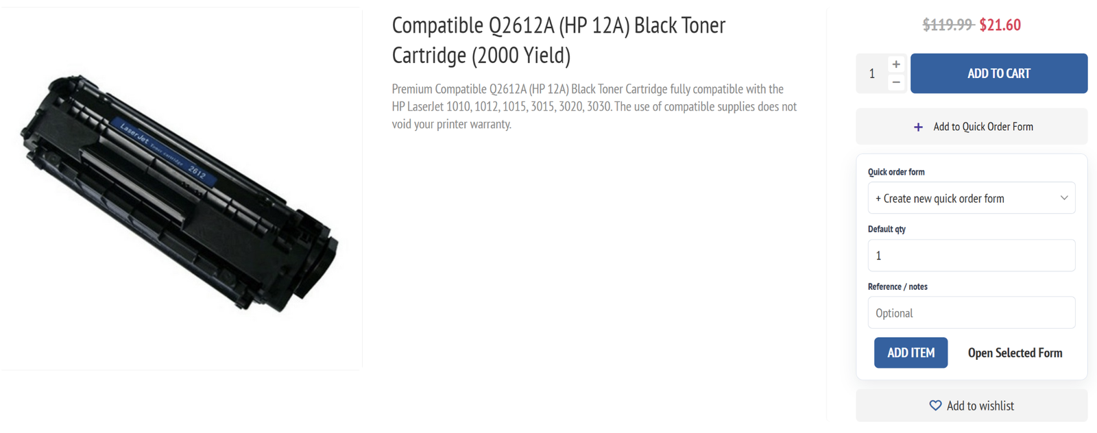 Product page Add to Quick Order Form button