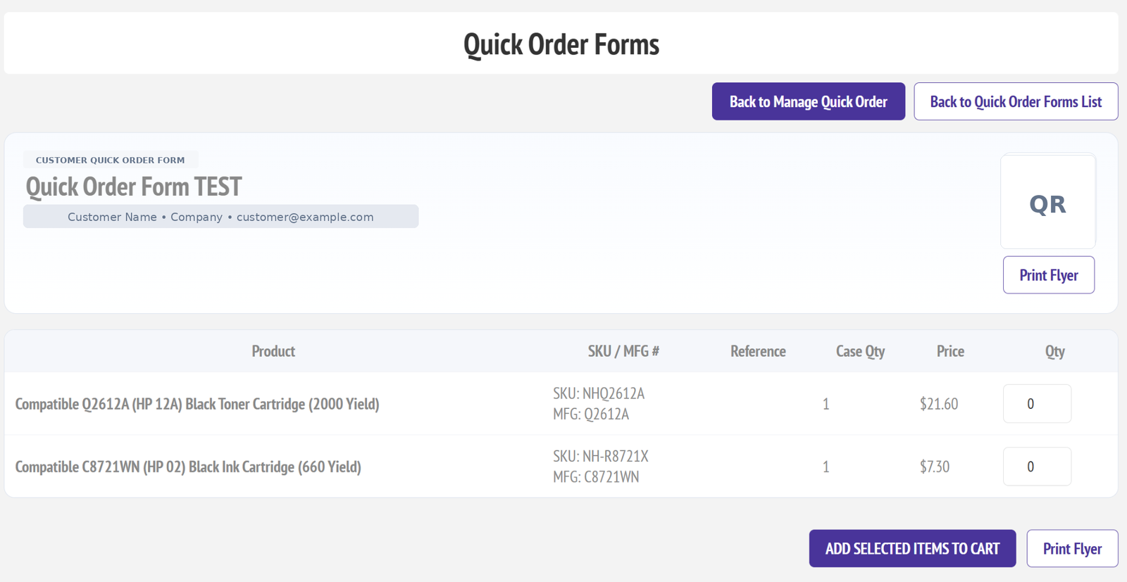 Public Quick Order Form page