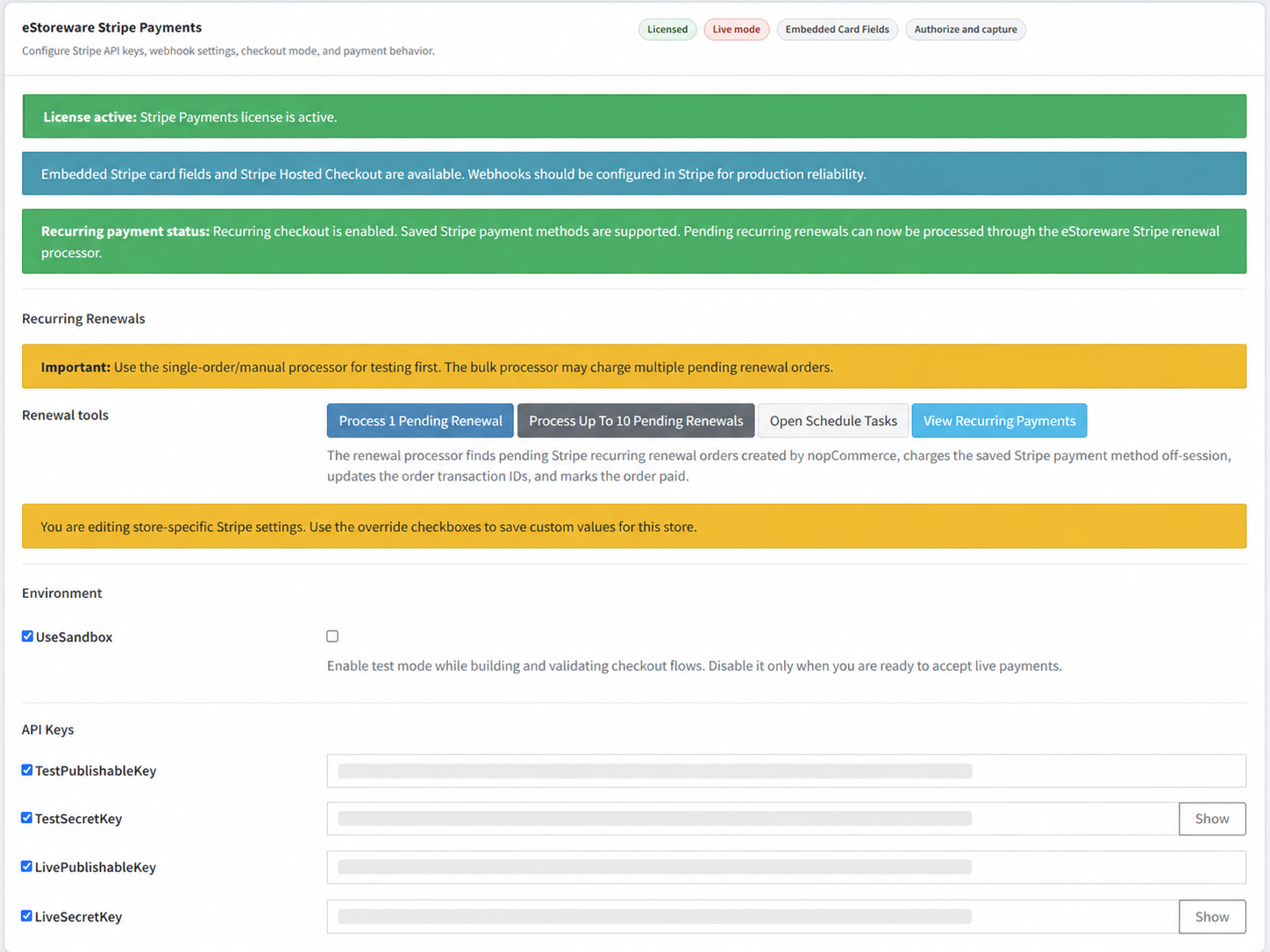 Stripe plugin admin settings dashboard
