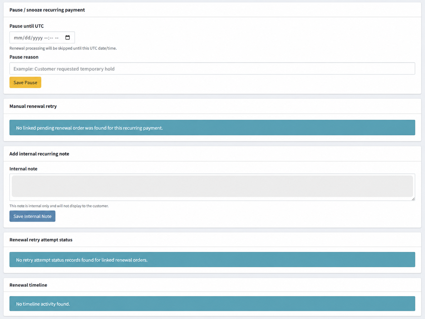 Recurring payment pause and internal note tools