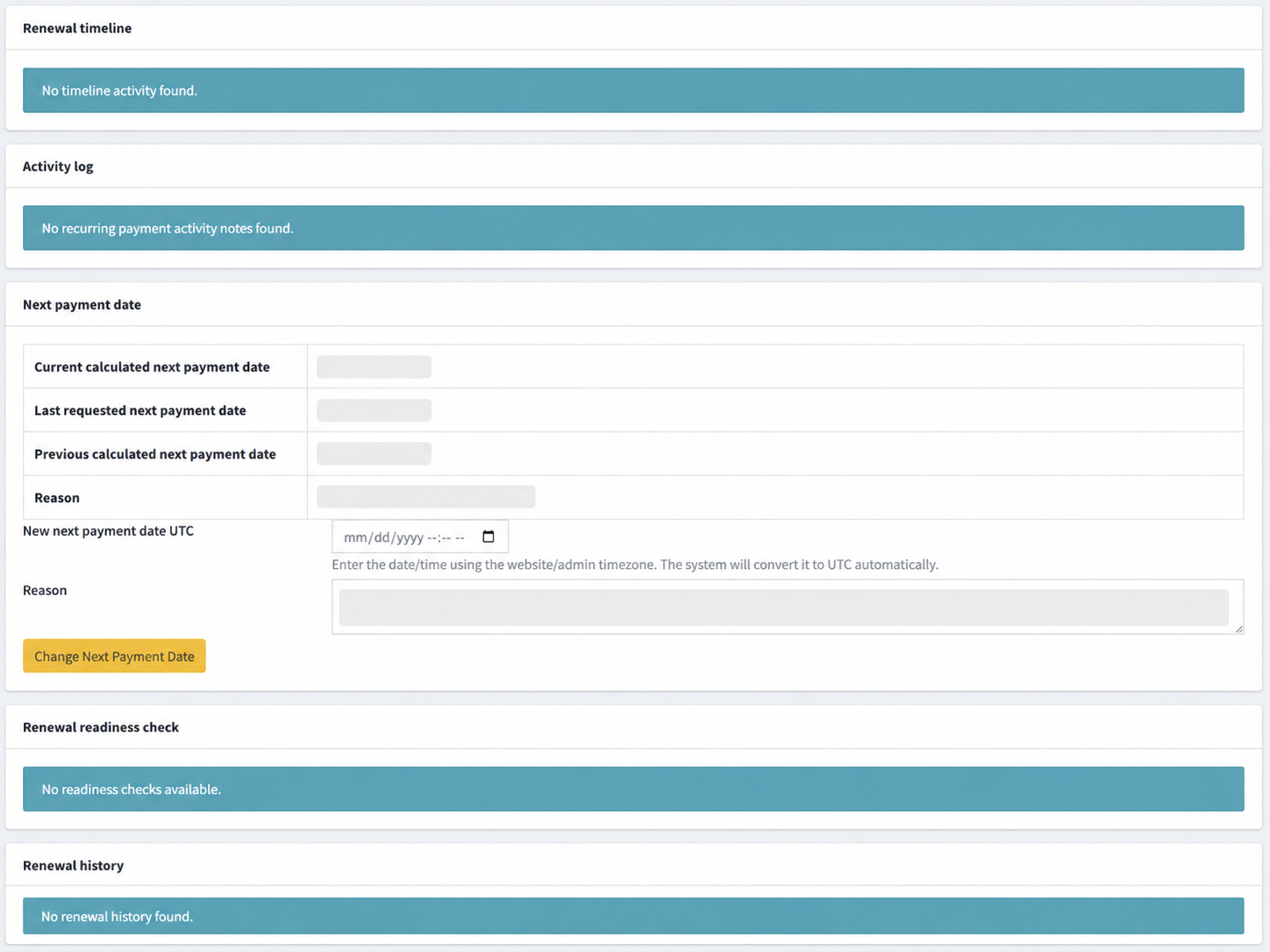 Recurring payment next payment date controls