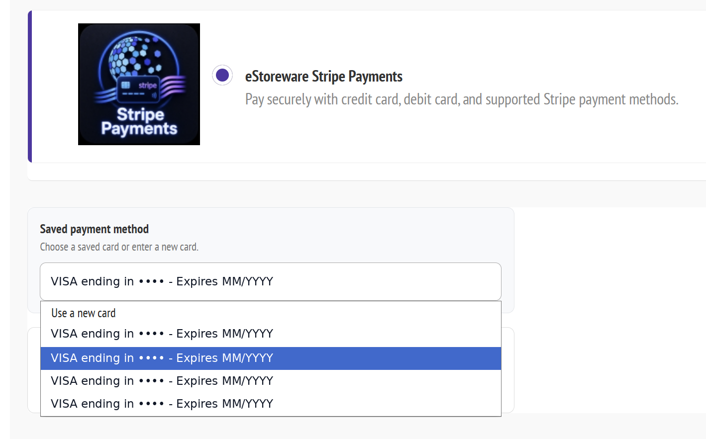 Saved Stripe card selection at checkout