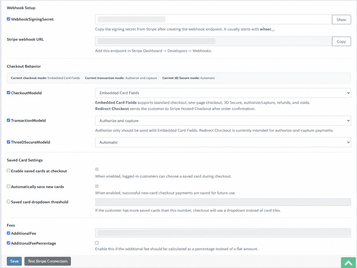 Stripe webhook and checkout behavior settings